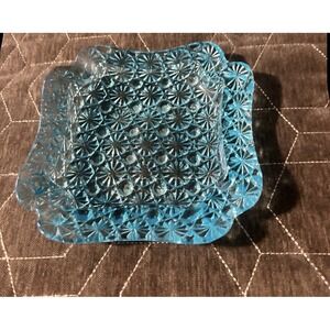 Vintage MCM Aqua Blue Glass Daisy & Button Ashtray Trinket Dish, 5.5" Fenton